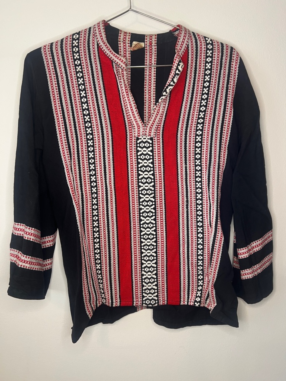 Vintage Boho Red & Black Striped Embroidered Top (Men or Women’s)